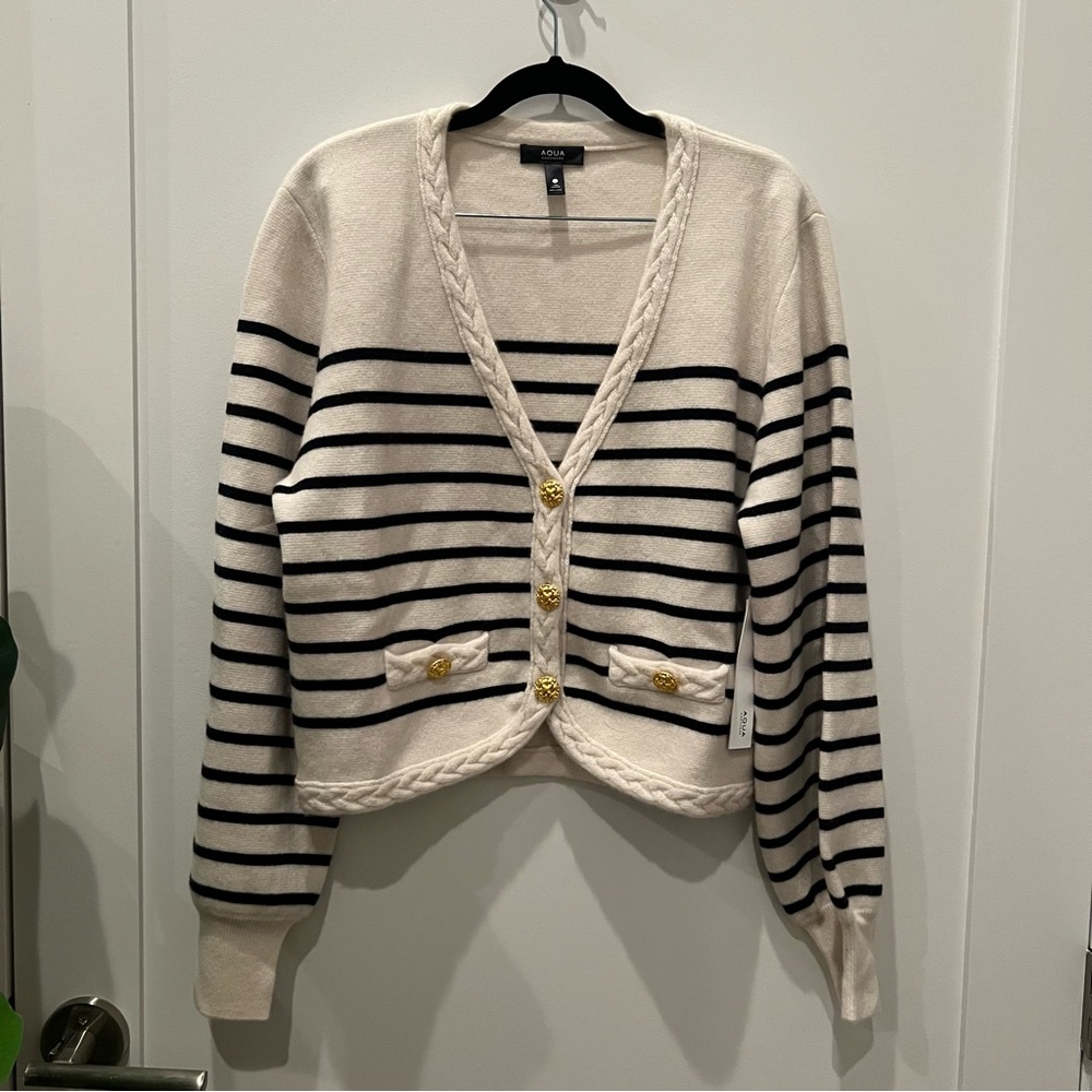 Cashmere Aqua Cream and Black Striped Cardigan